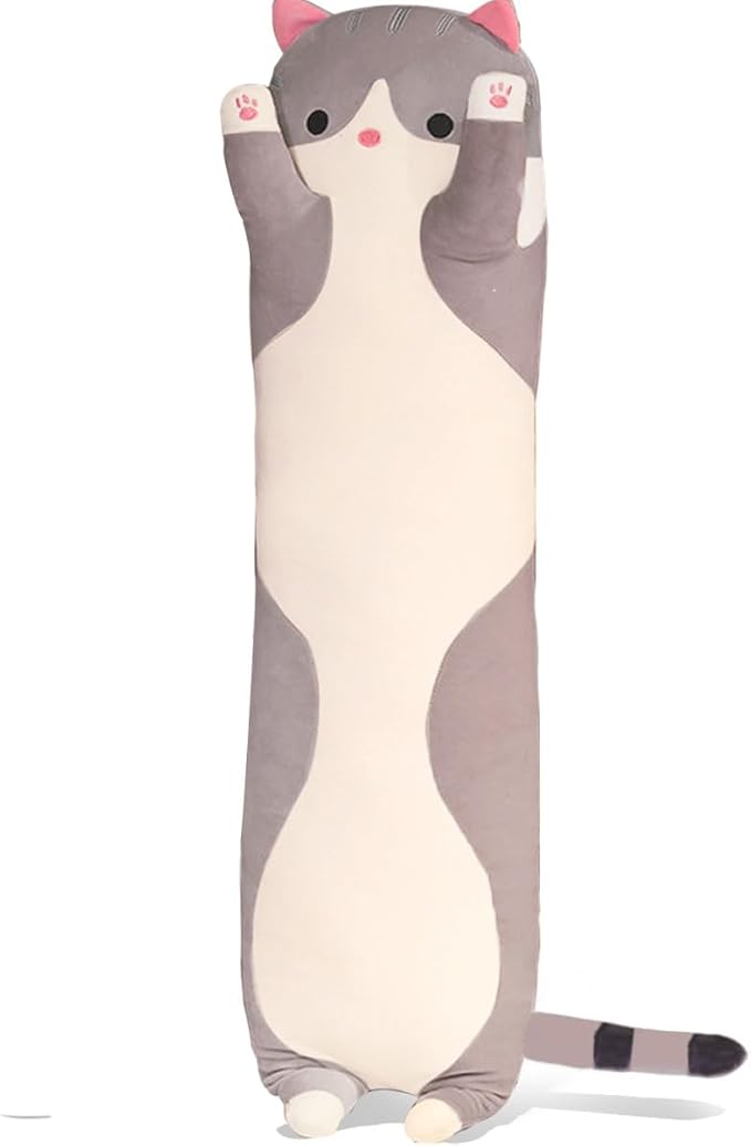 Grey Cat Long Plush Pillow Cat Stuffed Animals Soft Sleeping Throw Pillow Doll ((Grey,19inches)