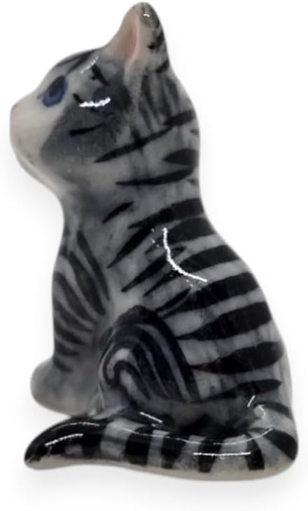 WitnyStore Tiny 1" Gray White Tabby Shorthair Cat Sitting Lift Paw Figurine - Miniature Hand Made Painted Ceramic Cats Kitten Feline Animals Cute Porcelain Decorative Collectible Figures Décor Gifts