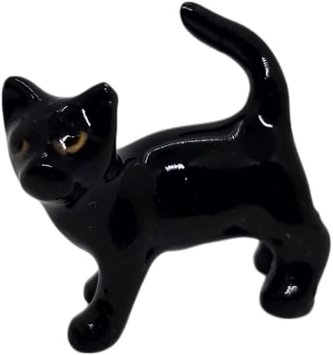 WitnyStore Tiny ¾ Long Black Shorthair Cat Playing Ball Figurine - Miniature Hand Made Painted Ceramic Cats Kitten Feline Animal Cute Porcelain Decorative Collectible Figure Décor Gifts