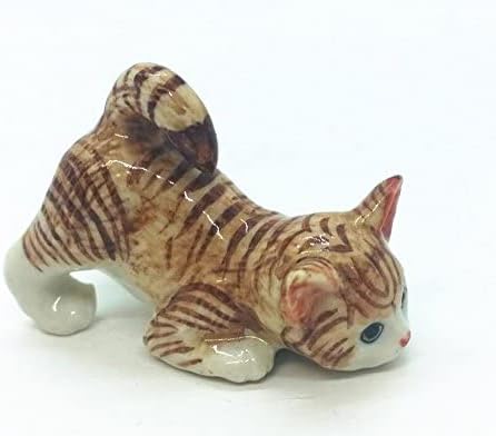 WitnyStore Tiny 2⅛" Brown White Tabby Shorthair Cat Bending Down Figurine - Miniature Hand Made Painted Ceramic Cats Kitten Feline Animal Cute Porcelain Decorative Collectible Figurines Décor Gifts