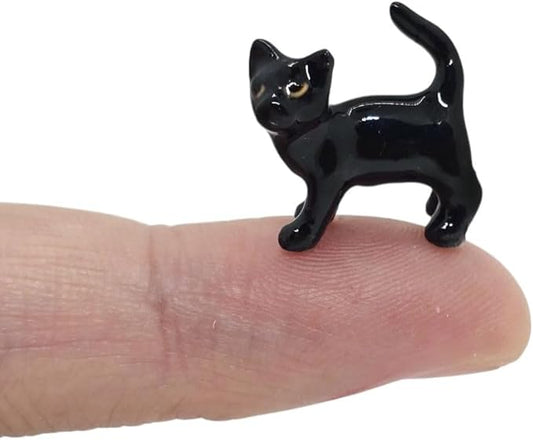 WitnyStore Tiny ¾ Long Black Shorthair Cat Playing Ball Figurine - Miniature Hand Made Painted Ceramic Cats Kitten Feline Animal Cute Porcelain Decorative Collectible Figure Décor Gifts