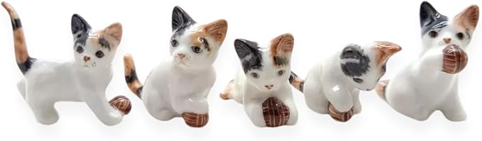 WitnyStore Tiny 1½" Calico Tricolor Shorthair Cat Standing Play Ball Figurine - Miniature Hand Made Painted Ceramic Cats Kitten Feline Animal Cute Porcelain Decorative Collectible Figure Décor Gifts