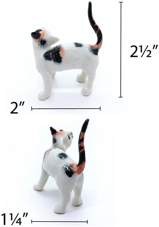 WitnyStore Tiny 2" Long Calico Tricolor Shorthair Cat Standing Look Up Figurine - Miniature Hand Made Painted Ceramic Cats Kitten Feline Animal Cute Porcelain Decorative Collectible Figure Décor Gifts