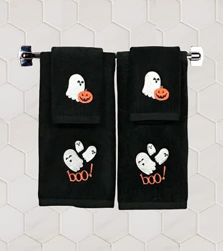 Halloween Bathroom Hand Towels Set of 2 – Cute Boo Ghost Design on Black Cotton - Decorative Bath or Kitchen Holiday Home Décor