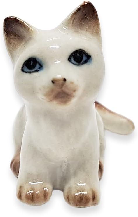 WitnyStore Tiny 1⅛" Long White Brown Pointed Shorthair Cat Sitting Figurine - Miniature Hand Made Painted Ceramic Cats Kitten Feline Animal Cute Porcelain Decorative Collectible Figurines Décor Gifts