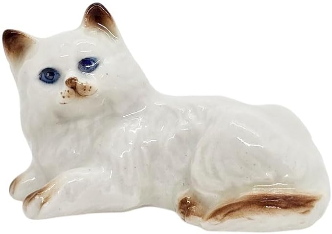 WitnyStore Tiny 1¾" Long White Brown Pointed Shorthair Cat Crouching Figurine - Miniature Hand Made Painted Ceramic Cats Kitten Feline Animal Cute Porcelain Decorative Collectible Figures Décor Gifts