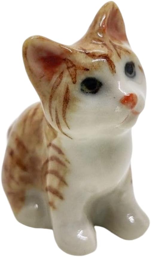 WitnyStore Tiny 1⅛" Long Brown White Tabby Shorthair Cat Sitting Figurine - Miniature Hand Made Painted Ceramic Cats Kitten Feline Animal Cute Porcelain Decorative Collectible Figurines Décor Gifts