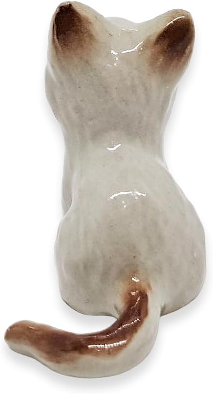 WitnyStore Tiny 1⅛" Long White Brown Pointed Shorthair Cat Sitting Figurine - Miniature Hand Made Painted Ceramic Cats Kitten Feline Animal Cute Porcelain Decorative Collectible Figurines Décor Gifts
