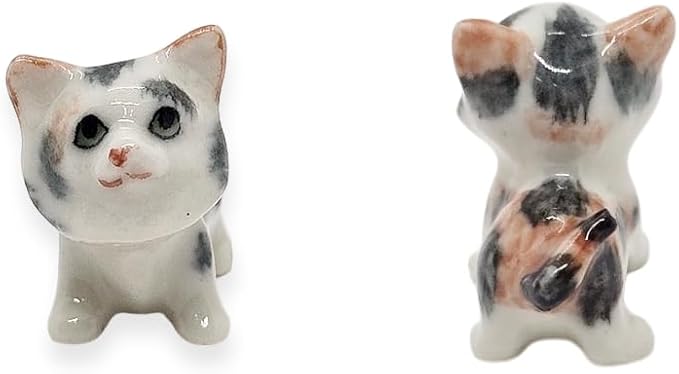 WitnyStore Tiny ¾ Inch Calico Tricolor Shorthair Baby Cat Look Up Figurine - Miniature Hand Made Ceramic Cats Kitten Feline Animal Cute Porcelain Decorative Figures Collectible Figurines Décor Gifts