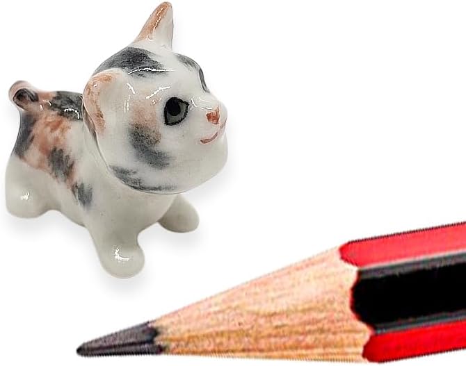 WitnyStore Tiny ¾ Inch Calico Tricolor Shorthair Baby Cat Look Up Figurine - Miniature Hand Made Ceramic Cats Kitten Feline Animal Cute Porcelain Decorative Figures Collectible Figurines Décor Gifts