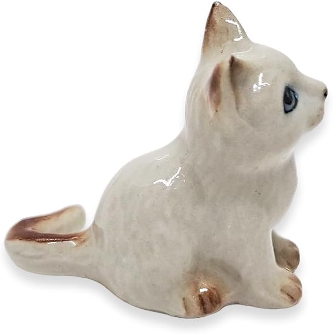 WitnyStore Tiny 1⅛" Long White Brown Pointed Shorthair Cat Sitting Figurine - Miniature Hand Made Painted Ceramic Cats Kitten Feline Animal Cute Porcelain Decorative Collectible Figurines Décor Gifts