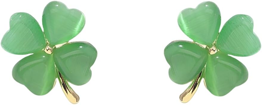 Green Cat Eye's Clover Flower Earrings for Women Girls 925 Sterling Silver Post Pin Hypoallergenic Lucky Love Heart 4 Leaf Petal Small Cute Studs Earring Dainty Gifts for Mother Sister Aunt