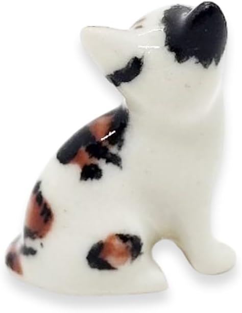 WitnyStore Tiny ¾ Inch Calico Tricolor Shorthair Cat Sitting Figurine - Miniature Hand Made Painted Ceramic Cats Kitten Feline Animal Cute Porcelain Decorative Collectible Figurines Décor Gifts