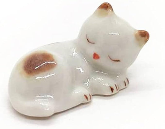WitnyStore Tiny 1" White Brown Pointed Shorthair Cat Sleeping Curled Figurine - Miniature Hand Made Painted Ceramic Cats Kitten Feline Animal Cute Porcelain Decorative Collectible Figure Décor Gifts