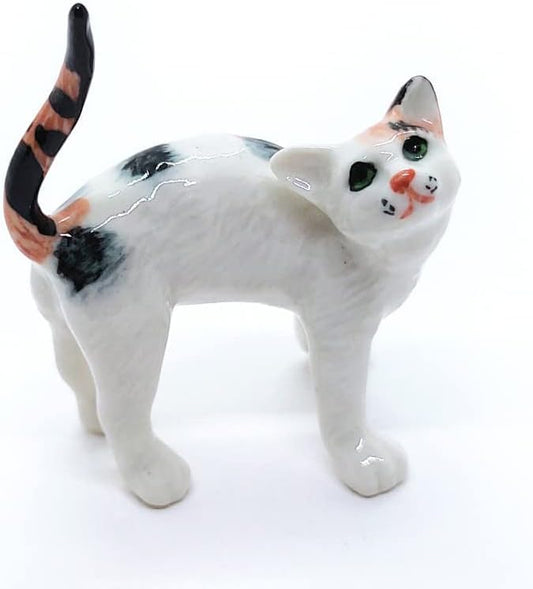 WitnyStore Tiny 2" Long Calico Tricolor Shorthair Cat Standing Look Up Figurine - Miniature Hand Made Painted Ceramic Cats Kitten Feline Animal Cute Porcelain Decorative Collectible Figure Décor Gifts