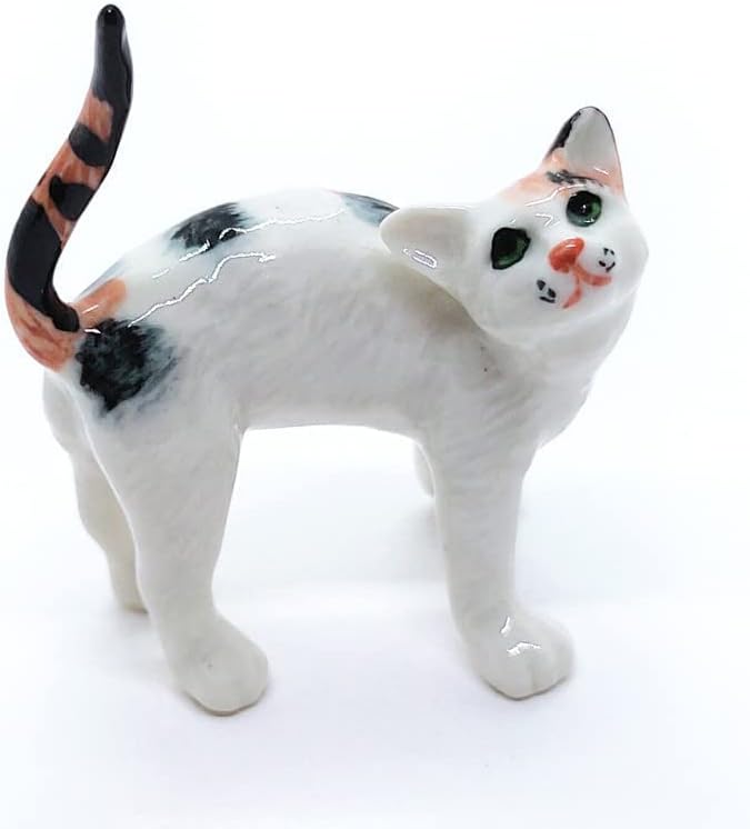 WitnyStore Tiny 2" Long Calico Tricolor Shorthair Cat Standing Look Up Figurine - Miniature Hand Made Painted Ceramic Cats Kitten Feline Animal Cute Porcelain Decorative Collectible Figure Décor Gifts