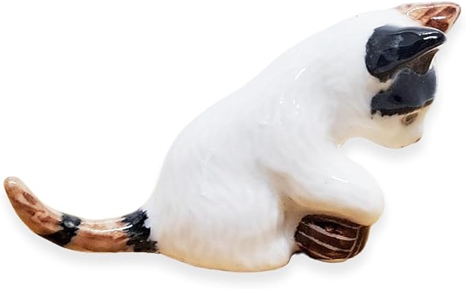 WitnyStore Tiny 1¾" Calico Tricolor Shorthair Cat Sitting Face Down Hold Ball Figurine - Miniature Hand Made Painted Ceramic Cats Kitten Animal Cute Porcelain Decorative Collectible Figure Décor Gifts