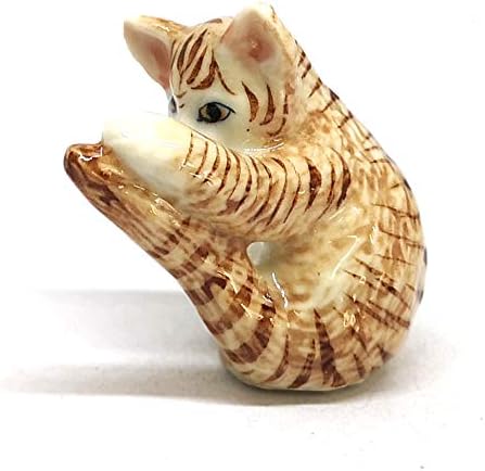 ZOOCRAFT Porcelain Fat Baby Tabby Kitten Cat Figurines Brown Ceramic Handmade Miniatures