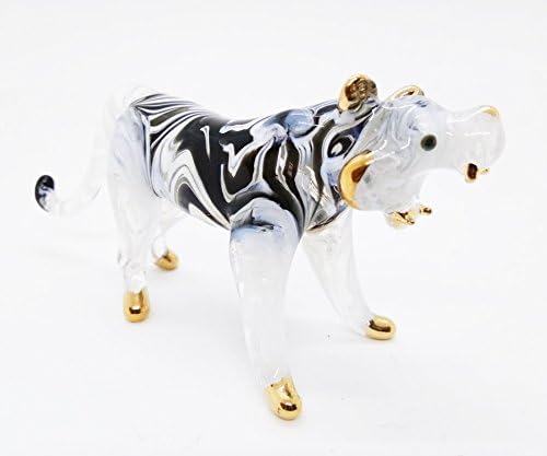 WitnyStore Tiny 5" Black White Gold Standing Tiger Roaring Figurine - Miniature Hand Blown Painted Glass Panthera Wild Cat Small Crystal Wildlife Animals Decorative Collectible Figurines Décor Gifts