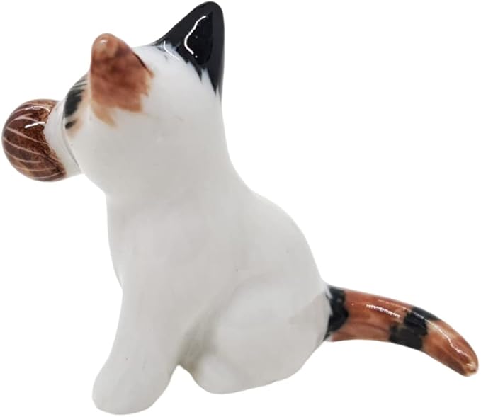 WitnyStore Tiny 1¾" Long Calico Tricolor Shorthair Cat Sitting Hold Up Ball Figurine - Miniature Hand Made Painted Ceramic Cats Kitten Animal Cute Porcelain Decorative Collectible Figure Décor Gifts