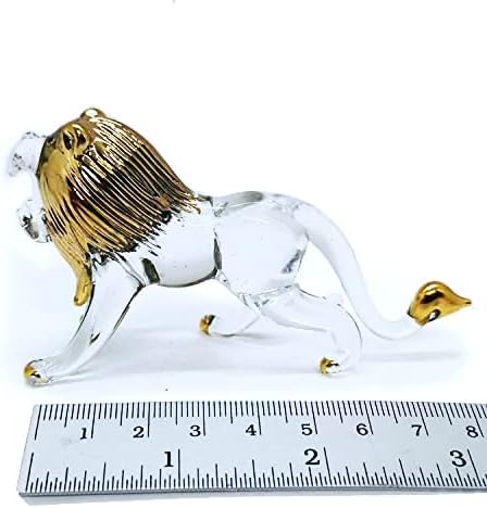 WitnyStore Tiny 3¼" Long Clear Gold Standing Lion Roaring Figurine - Miniature Hand Blown Painted Glass Panthera Wild Cat Small Crystal Wildlife Animals Decorative Collectible Figurines Décor Gifts