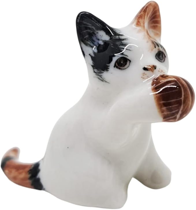 WitnyStore Tiny 1¾" Long Calico Tricolor Shorthair Cat Sitting Hold Up Ball Figurine - Miniature Hand Made Painted Ceramic Cats Kitten Animal Cute Porcelain Decorative Collectible Figure Décor Gifts