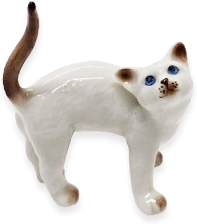 WitnyStore Tiny 2" White Brown Pointed Shorthair Siamese Cat Standing Look Up Figurine - Miniature Hand Made Painted Ceramic Cats Kitten Animal Cute Porcelain Decorative Collectible Figure Décor Gifts
