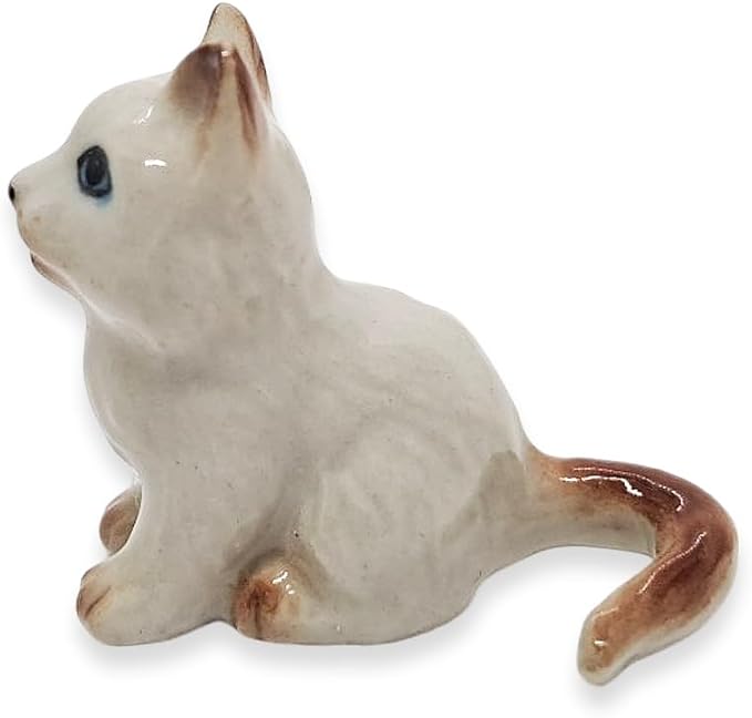 WitnyStore Tiny 1⅛" Long White Brown Pointed Shorthair Cat Sitting Figurine - Miniature Hand Made Painted Ceramic Cats Kitten Feline Animal Cute Porcelain Decorative Collectible Figurines Décor Gifts