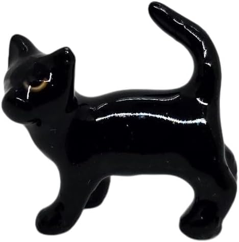 WitnyStore Tiny ¾ Long Black Shorthair Cat Playing Ball Figurine - Miniature Hand Made Painted Ceramic Cats Kitten Feline Animal Cute Porcelain Decorative Collectible Figure Décor Gifts