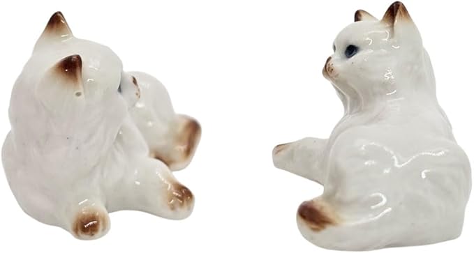 WitnyStore Tiny 1¾" Long White Brown Pointed Shorthair Cat Crouching Figurine - Miniature Hand Made Painted Ceramic Cats Kitten Feline Animal Cute Porcelain Decorative Collectible Figures Décor Gifts