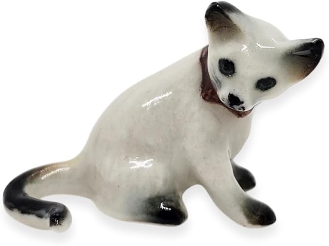 WitnyStore Tiny 1" White Gray Pointed Shorthair Siamese Cat Sitting Look Right Figurine - Miniature Hand Made Ceramic Cats Kitten Feline Animal Cute Porcelain Decorative Collectible Figure Décor Gifts