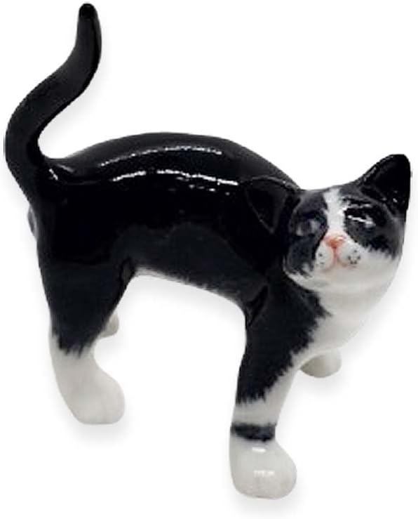 WitnyStore Tiny 2" Long Black White Tuxedo Cat Standing Look Up Figurine - Miniature Hand Made Painted Ceramic Cats Kitten Feline Animals Cute Porcelain Decorative Collectible Figurines Décor Gifts