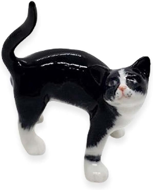 WitnyStore Tiny 2" Long Black White Tuxedo Cat Standing Look Up Figurine - Miniature Hand Made Painted Ceramic Cats Kitten Feline Animals Cute Porcelain Decorative Collectible Figurines Décor Gifts