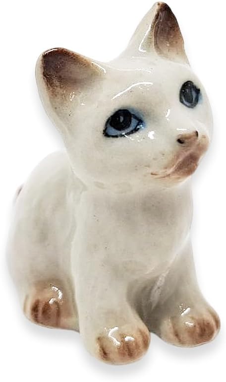 WitnyStore Tiny 1⅛" Long White Brown Pointed Shorthair Cat Sitting Figurine - Miniature Hand Made Painted Ceramic Cats Kitten Feline Animal Cute Porcelain Decorative Collectible Figurines Décor Gifts