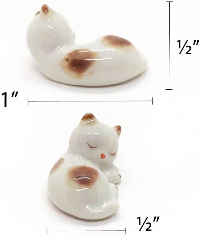 WitnyStore Tiny 1" White Brown Pointed Shorthair Cat Sleeping Curled Figurine - Miniature Hand Made Painted Ceramic Cats Kitten Feline Animal Cute Porcelain Decorative Collectible Figure Décor Gifts