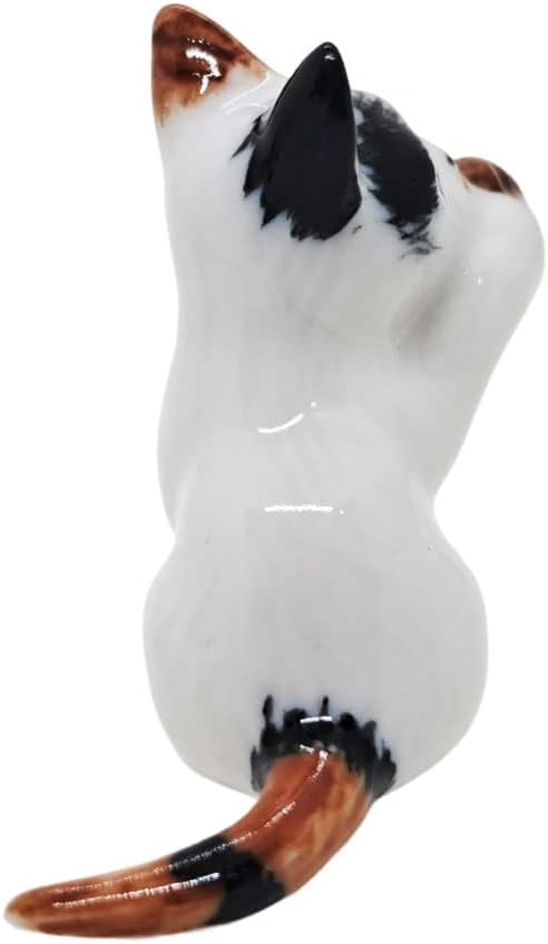WitnyStore Tiny 1¾" Long Calico Tricolor Shorthair Cat Sitting Hold Up Ball Figurine - Miniature Hand Made Painted Ceramic Cats Kitten Animal Cute Porcelain Decorative Collectible Figure Décor Gifts