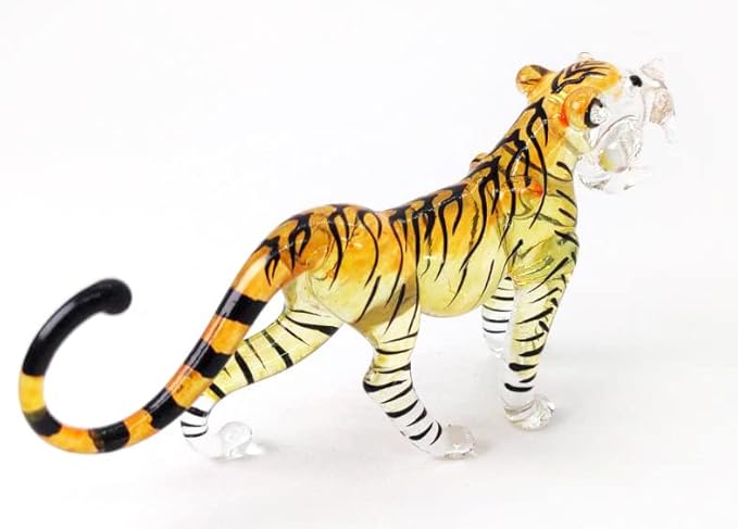 WitnyStore Tiny 3¾" Long Yellow Black Standing Tiger Roaring Figurine - Miniature Hand Blown Painted Glass Panthera Wild Cat Small Crystal Wildlife Animals Decorative Collectible Figurines Décor Gifts