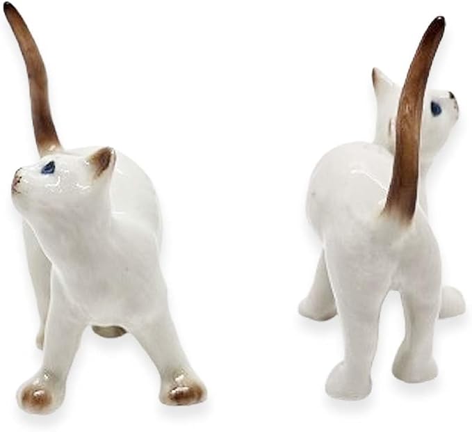 WitnyStore Tiny 2" White Brown Pointed Shorthair Siamese Cat Standing Look Up Figurine - Miniature Hand Made Painted Ceramic Cats Kitten Animal Cute Porcelain Decorative Collectible Figure Décor Gifts