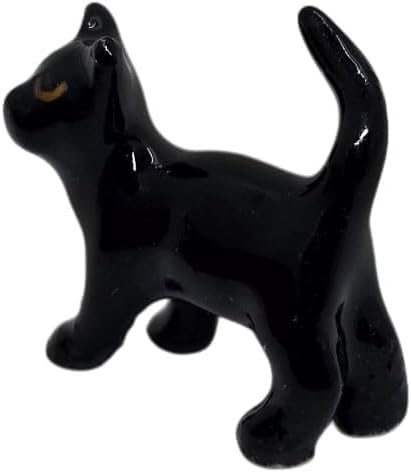 WitnyStore Tiny ¾ Long Black Shorthair Cat Playing Ball Figurine - Miniature Hand Made Painted Ceramic Cats Kitten Feline Animal Cute Porcelain Decorative Collectible Figure Décor Gifts