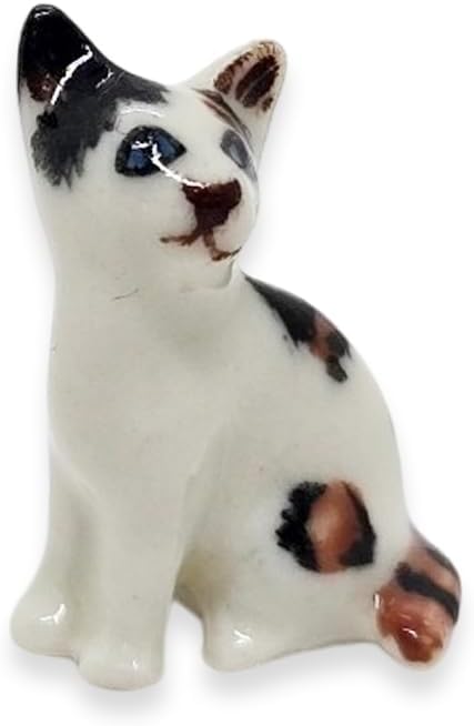 WitnyStore Tiny ¾ Inch Calico Tricolor Shorthair Cat Sitting Figurine - Miniature Hand Made Painted Ceramic Cats Kitten Feline Animal Cute Porcelain Decorative Collectible Figurines Décor Gifts