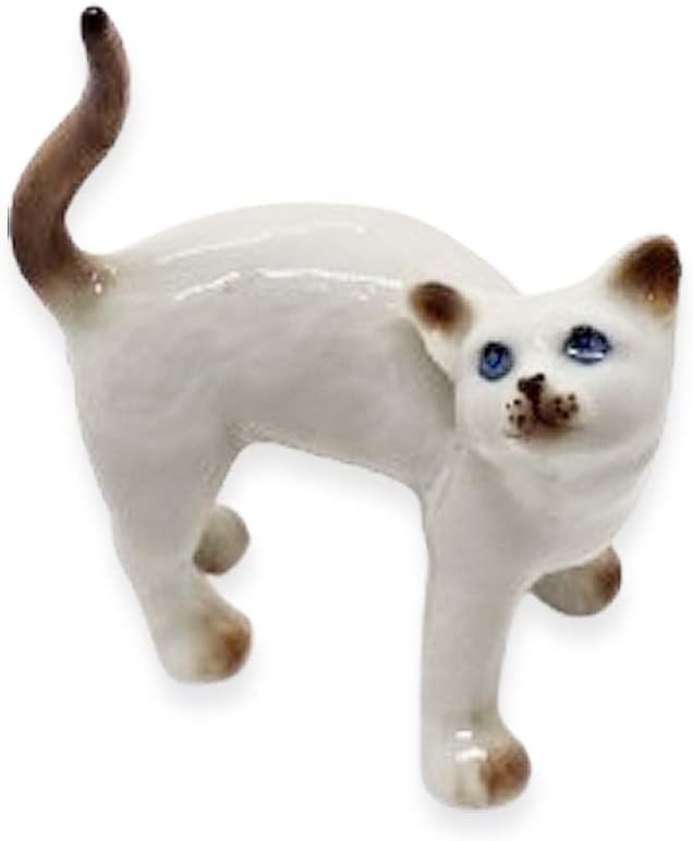 WitnyStore Tiny 2" White Brown Pointed Shorthair Siamese Cat Standing Look Up Figurine - Miniature Hand Made Painted Ceramic Cats Kitten Animal Cute Porcelain Decorative Collectible Figure Décor Gifts