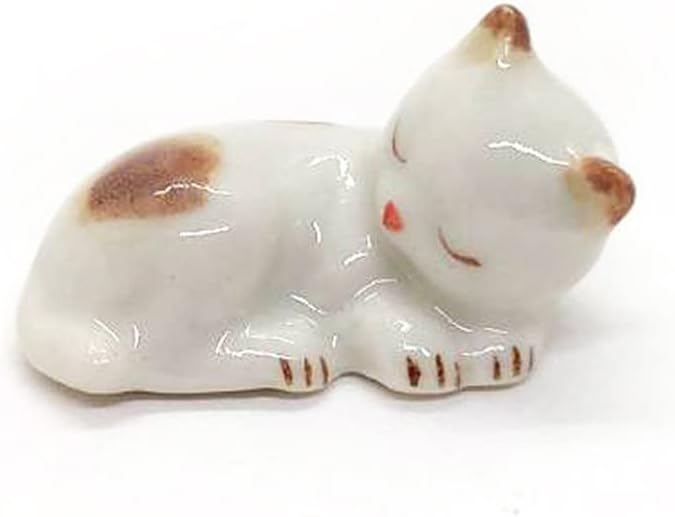 WitnyStore Tiny 1" White Brown Pointed Shorthair Cat Sleeping Curled Figurine - Miniature Hand Made Painted Ceramic Cats Kitten Feline Animal Cute Porcelain Decorative Collectible Figure Décor Gifts