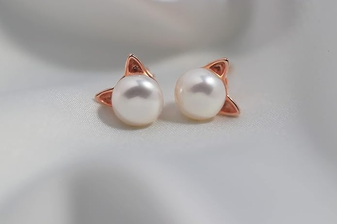 Wicary Cat Earrings Sterling Silver Pearl Earrings for Women Cat Stud Earring for Cat Lovers