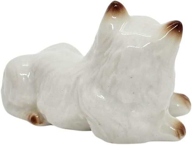 WitnyStore Tiny 1¾" Long White Brown Pointed Shorthair Cat Crouching Figurine - Miniature Hand Made Painted Ceramic Cats Kitten Feline Animal Cute Porcelain Decorative Collectible Figures Décor Gifts