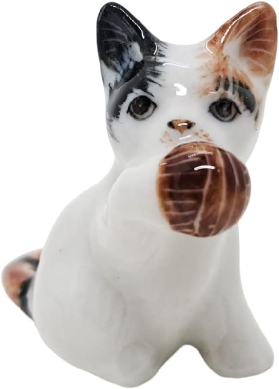 WitnyStore Tiny 1¾" Long Calico Tricolor Shorthair Cat Sitting Hold Up Ball Figurine - Miniature Hand Made Painted Ceramic Cats Kitten Animal Cute Porcelain Decorative Collectible Figure Décor Gifts
