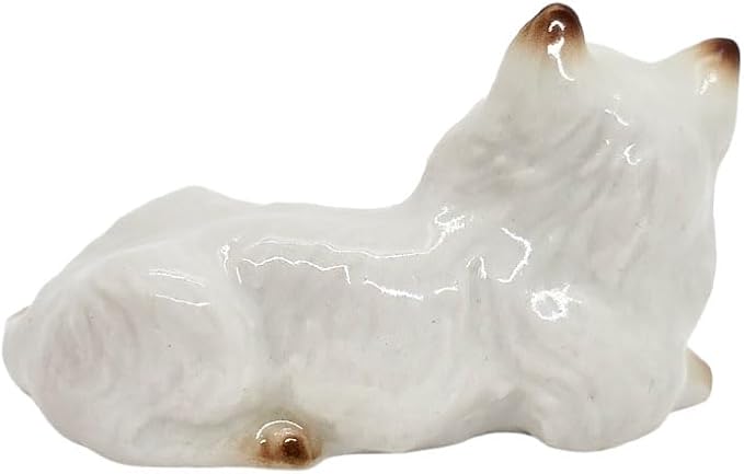 WitnyStore Tiny 1¾" Long White Brown Pointed Shorthair Cat Crouching Figurine - Miniature Hand Made Painted Ceramic Cats Kitten Feline Animal Cute Porcelain Decorative Collectible Figures Décor Gifts