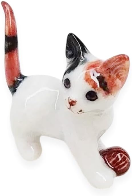 WitnyStore Tiny 1½" Calico Tricolor Shorthair Cat Standing Play Ball Figurine - Miniature Hand Made Painted Ceramic Cats Kitten Feline Animal Cute Porcelain Decorative Collectible Figure Décor Gifts
