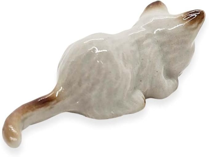 WitnyStore Tiny 1⅝" Long White Brown Pointed Shorthair Cat Crouching Figurine - Miniature Hand Made Painted Ceramic Cats Kitten Feline Animal Cute Porcelain Decorative Collectible Figures Décor Gifts