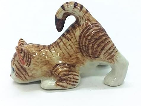 WitnyStore Tiny 2⅛" Brown White Tabby Shorthair Cat Bending Down Figurine - Miniature Hand Made Painted Ceramic Cats Kitten Feline Animal Cute Porcelain Decorative Collectible Figurines Décor Gifts