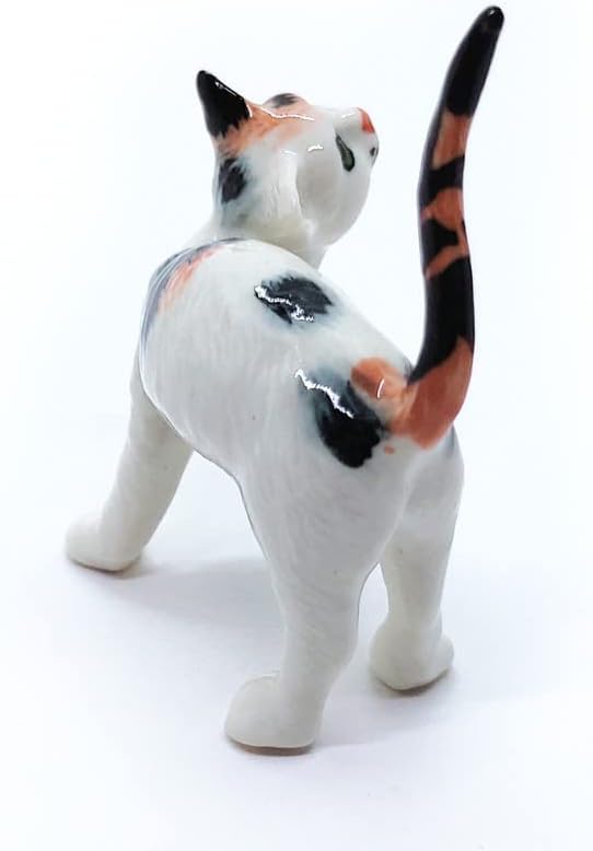 WitnyStore Tiny 2" Long Calico Tricolor Shorthair Cat Standing Look Up Figurine - Miniature Hand Made Painted Ceramic Cats Kitten Feline Animal Cute Porcelain Decorative Collectible Figure Décor Gifts